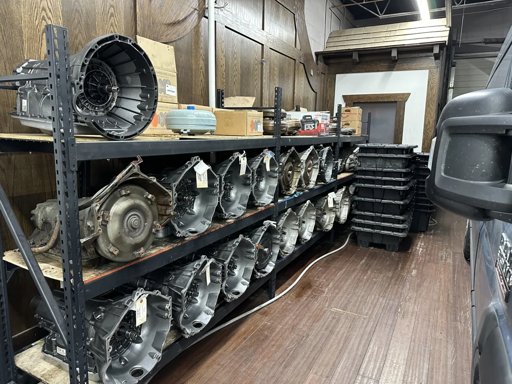 Transmission inventory arranged on shelves inside AMPro